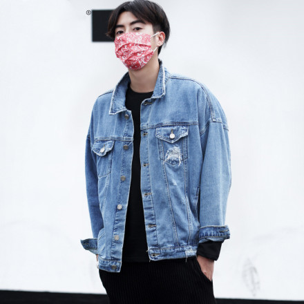 xoopn牛仔外套男宽松春夏韩版潮流帅气学生浅蓝色破洞衣服夹克褂