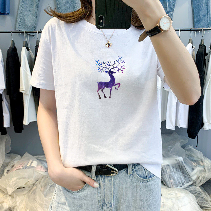 85451#2022年短袖t恤女装夏季新款宽松圆领印花小麋鹿打底上衣服 - 17