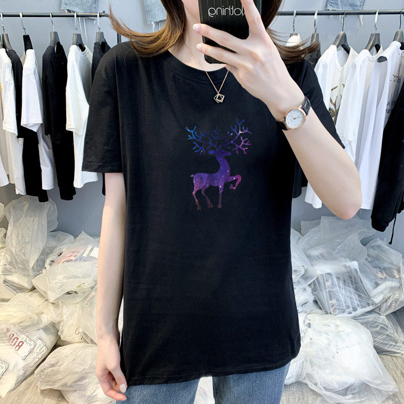 85451#2022年短袖t恤女装夏季新款宽松圆领印花小麋鹿打底上衣服 - 17