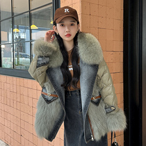 Haining denim stitching fox fur coat womens 2022 winter new parka down jacket young style