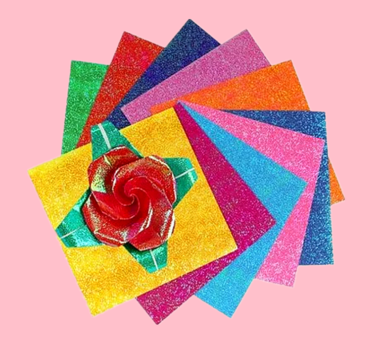 闪亮彩色珠光纸电光纸镭射纸正方形儿童手工折纸千纸鹤玫瑰花彩纸_不