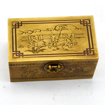 Antique Chinese treasure box Antique Bronze text play storage box Antique vintage brass with lock jewelry box