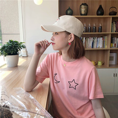 实拍 夏季星星印花圆领套头可爱粉色宽松短袖T恤