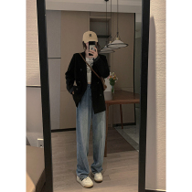 Wide-legged jeans womens autumn 2021 new spring and autumn small man high-waisted straight tube loose draping pants