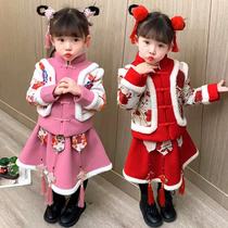 Hanfu girls autumn and winter clothes childrens new year old clothes baby New year celebration New year clothes Tang suit plus velvet thickened