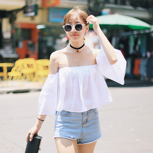 韩版白色一字领裹胸上衣