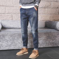 Tide mens pants and Korean trend mens straight jeans small feet and winter fitted loose pants