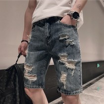 Tide-hole jean shorts New mens pants fashion elastic five-minute pants summer mens hundred pairs of casual pants