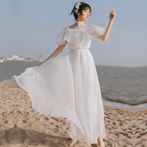 Skirt Fairy Super Xiansen Summer White Dress Chiffon Temperament Slim Off-shoulder Beach Dress Seaside Resort