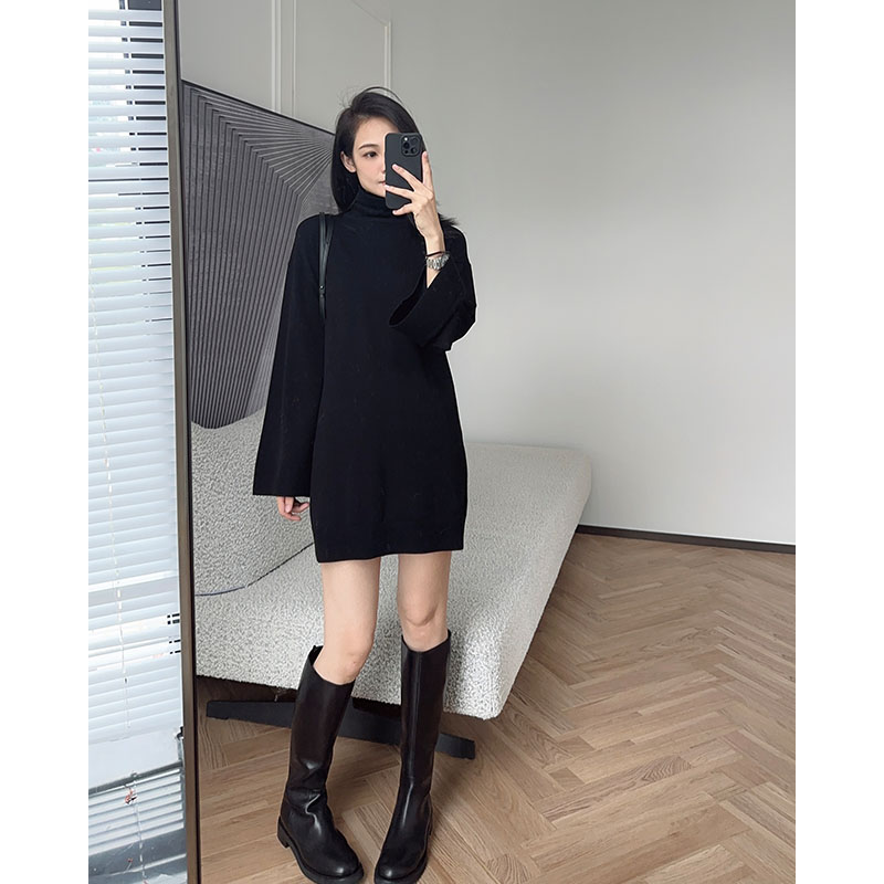 Meiyang Meiyang black kite knit skirt Morten temperament _ high collar horn sleeves loose straight drum one-piece short skirt-Taobao