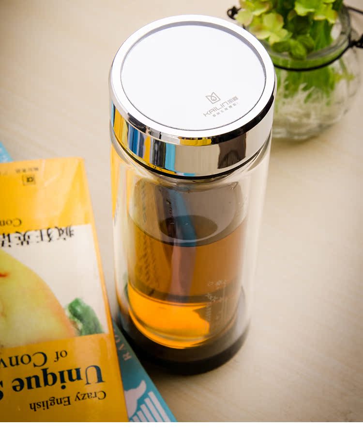 正品凯霖玻璃杯 双层带盖水杯创意男女士杯子 便携过滤网玻璃茶杯_5折