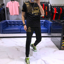 European station 2020 summer mens net Red Tide brand wings hot drill short sleeve T-shirt set slim print two-piece set