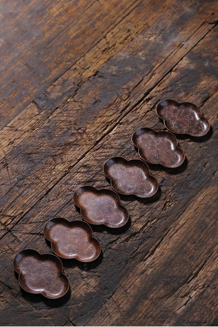 六合堂 日式手工杯垫 常常如意 虫蚀 金属茶托 紫铜杯托茶道配件