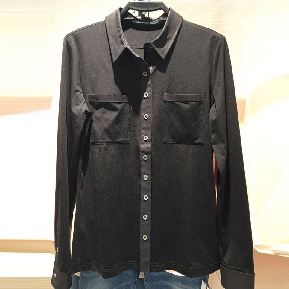 新颖哥弟特2017春夏季新款大码女装修身百搭黑色翻领长袖衬衫衬衣_9折