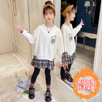 Girl Net red suit 2021 new autumn and winter children plus velvet thickened clothes in the big children sports two-piece tide