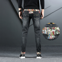 Personality Tide brand embroidered jeans mens fashion splicing black lace slim slim small feet autumn Korean version