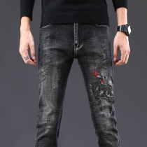 Tide brand ins Super fire 2021 New embroidery hole jeans men Chinese style elastic personality wild youth tide