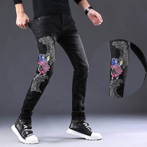 Mens autumn New embroidered jeans black hole elastic fashion personality trend handsome trousers