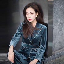 Autumn Winter New Velvet Suit Lady Fashion Silk Suede Suit Jacket Temperamental slim horn pants Two sets