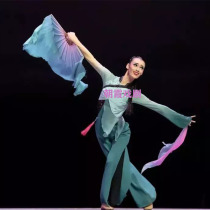 2019 peach and plum cup blooming different red Shandong Yangko combination Silk Dance dance fan lake blue gradient silk scarf