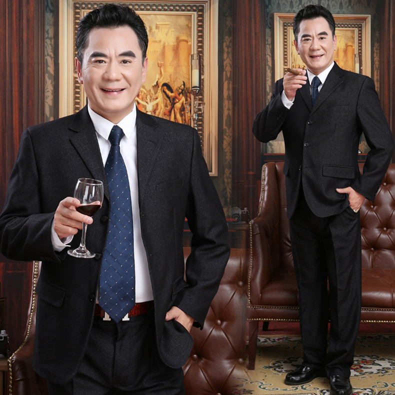 春秋中老年西服套装男休闲长辈宽松中年免烫婚礼服爸爸款灰色西装