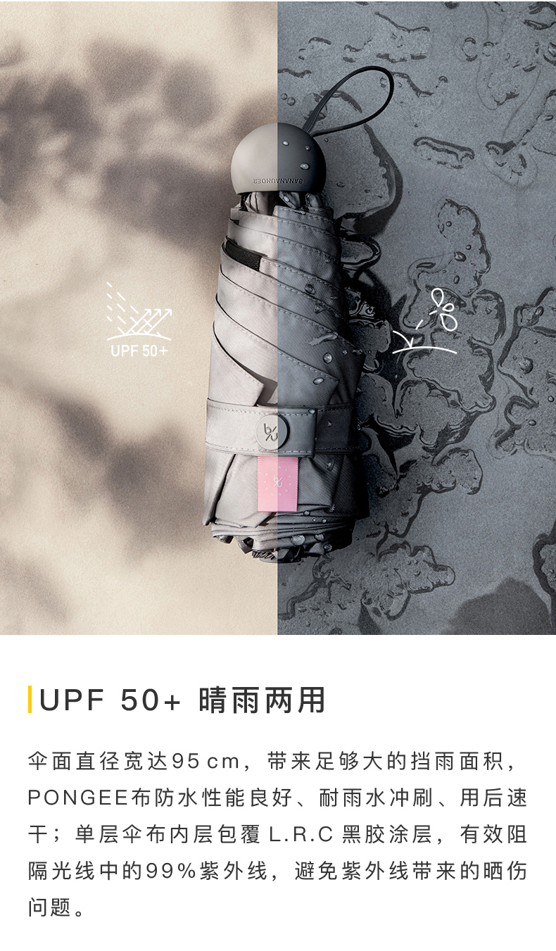 UPF 50+UPF50+晴雨两用面直径宽达95cm,带来足够大的挡雨面积,P○NGEE布防水性能良好、耐雨水冲刷、用后速干;单层伞布内层包覆L.R.C黑胶涂层,有效阻隔光线中的99%紫外线,避免紫外线带来的晒伤问题。-推好价 | 品质生活 精选好价