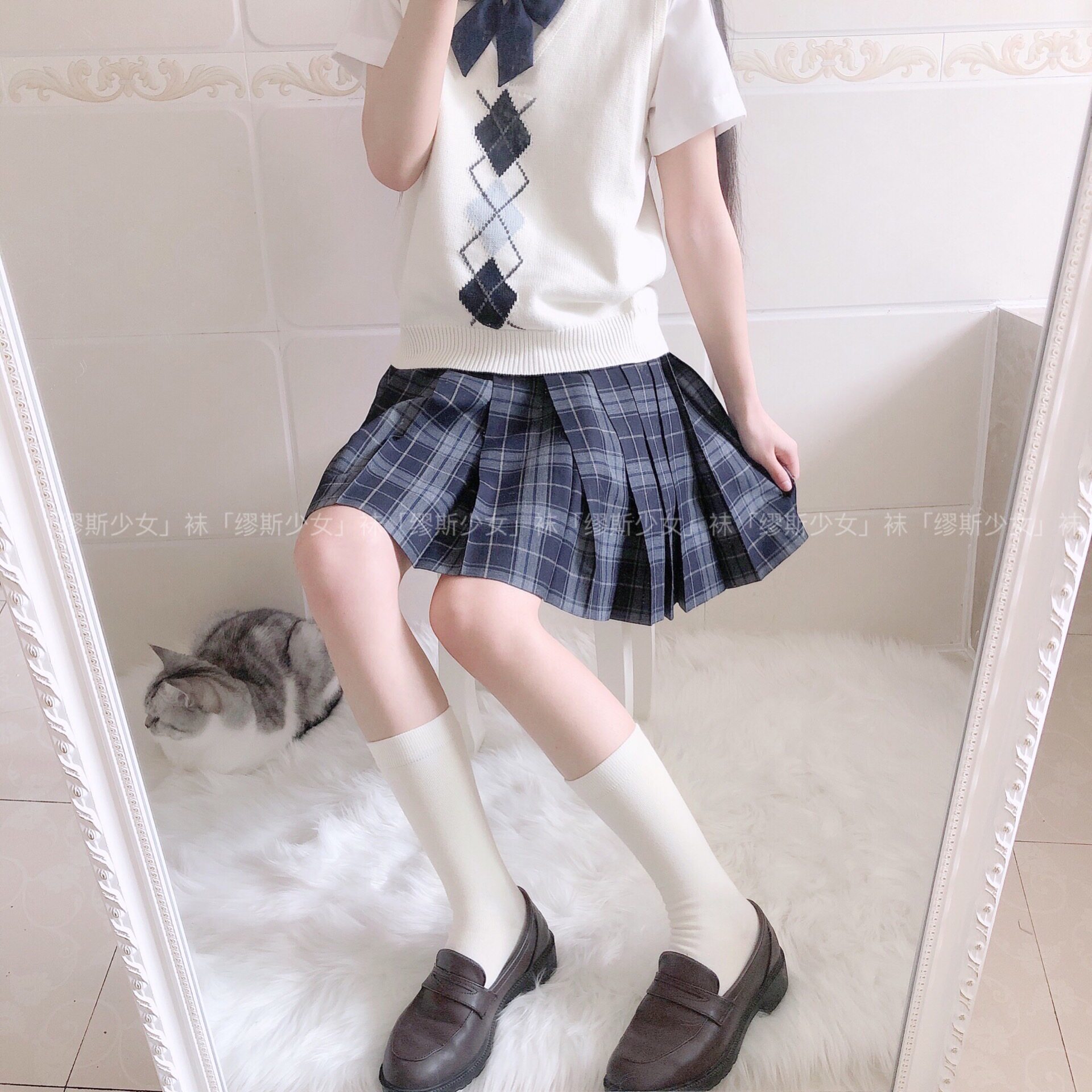 3双包邮 奶黄包日系可爱春夏jk制服中筒袜黑白全棉软妹小腿堆堆袜