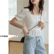 2021 spring and summer new bubble sleeve top doll shirt womens shirt French u-neck puffy little flower short-sleeved shirt