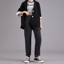 Smoky gray straight jeans womens autumn new high waist loose wide leg drape dark little daddy pants