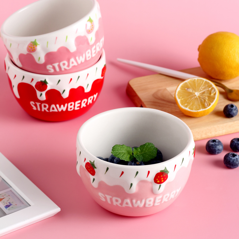 Ceramic bowl of strawberry home students creative express cartoon tableware dessert fruit salad bowl bowl of rice bowls. A single