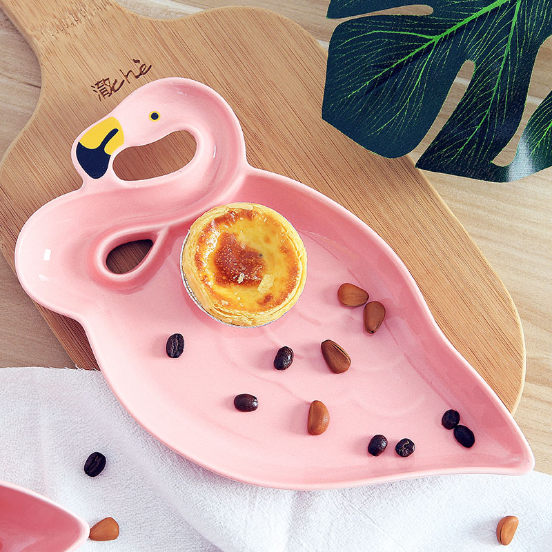 Ins girl hot pink flamingo snacks disc ceramic bowl dessert fruit breakfast snack plate dry fruit tray