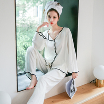 2021 new pyjamas womens spring autumn pure cotton long sleeves long pants suit minimalist loose cardioverts can be worn outside