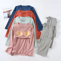Non-wearing bra pure cotton with chest cushion pyjamas female spring and autumn thin section Long sleeves loose big code Moon Family clothes can be worn outside