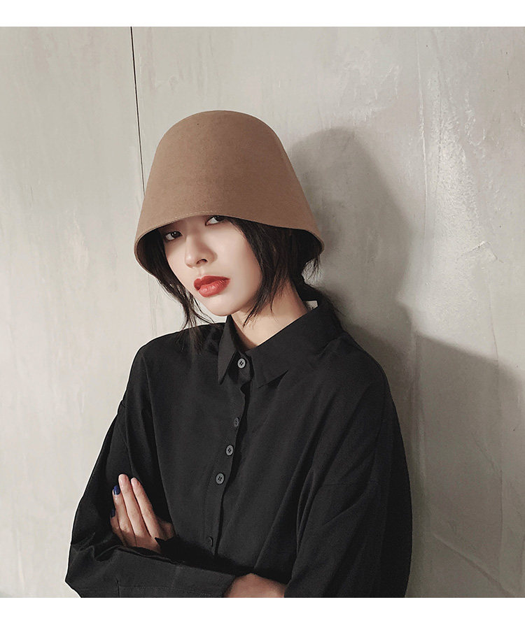 黑色羊毛呢时尚复古钟型盆帽子女秋冬季素颜水桶渔夫帽韩版潮冬天