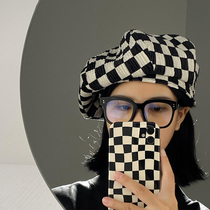 Summer designer niche checkerboard beret Korean version of Joker Cloud cap Japanese face small painter hat children