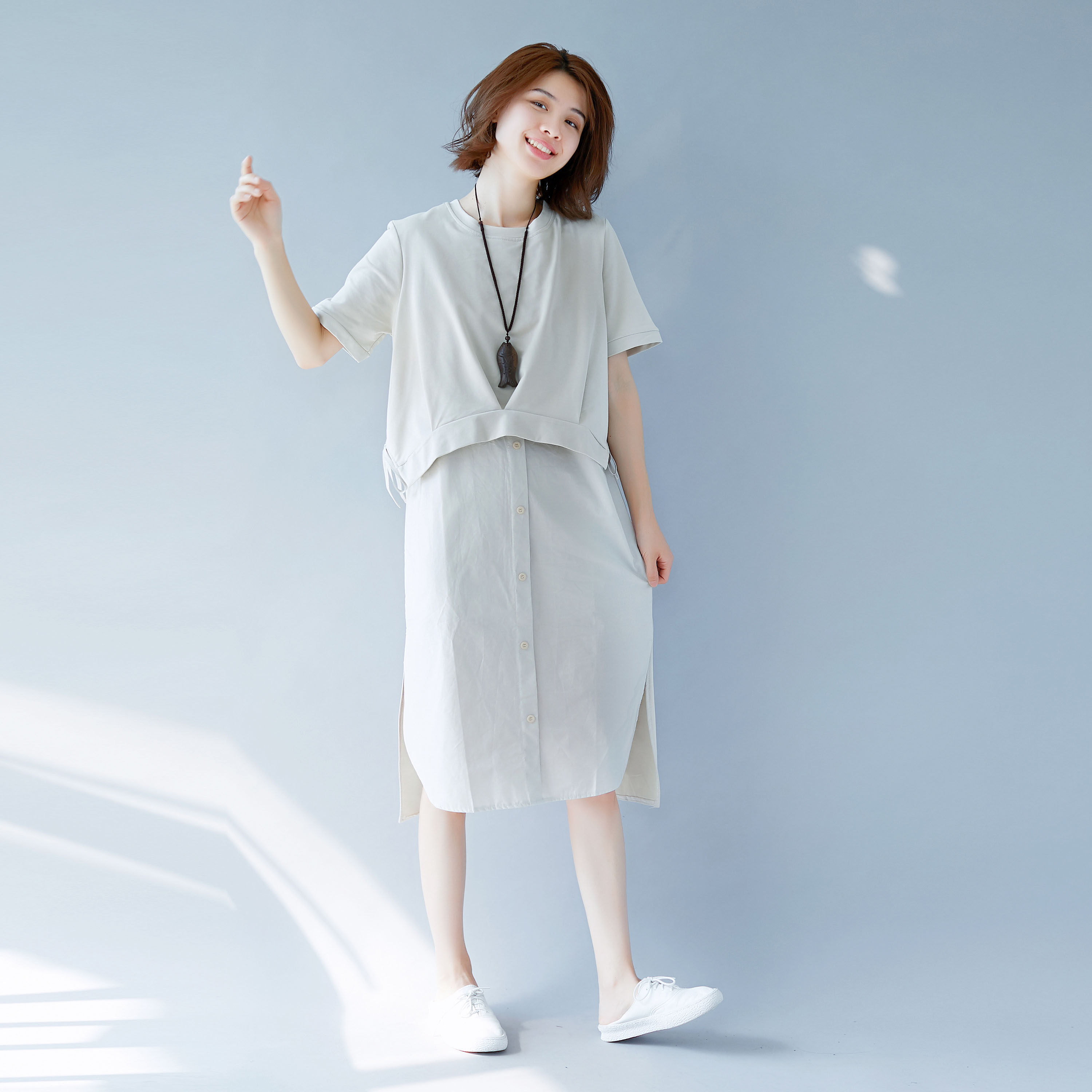 时尚夏装韩版中长款短袖t恤裙子 排扣假两件宽松休闲显瘦连衣裙子