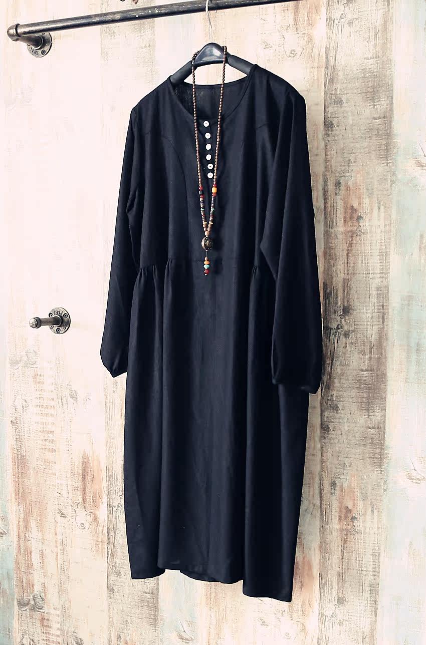 高端定制新款 圆领纯色麻料简约宽松连衣裙 棉麻长袍