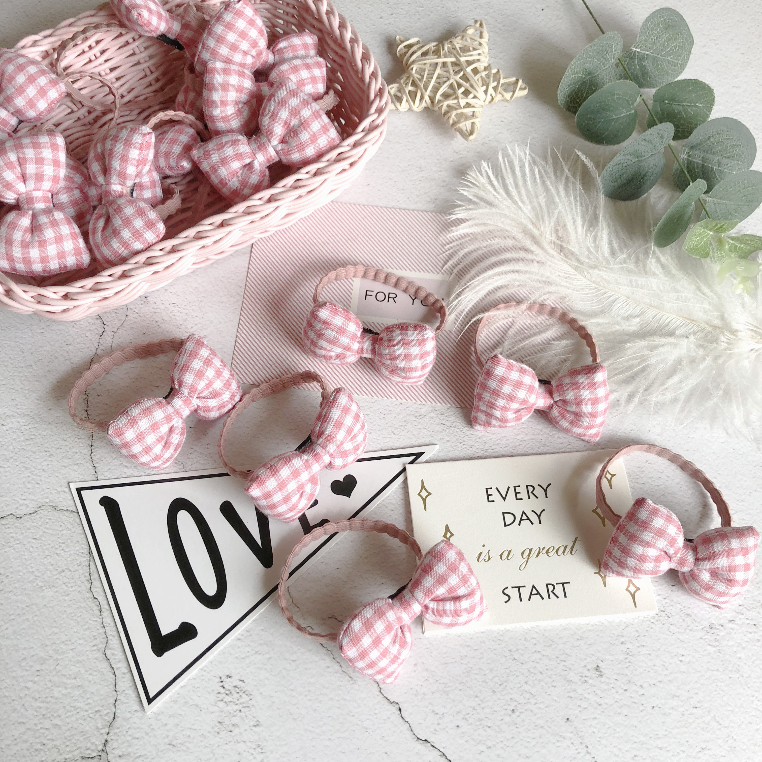 林小宅同款日系可爱少女心粉色格子蝴蝶结发绳软萌妹森系皮筋发圈_7折