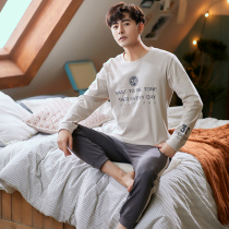 Pajamas men autumn cotton long sleeve trousers mens round neck cotton youth autumn and winter thin set casual home wear