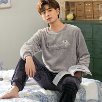 Coral velvet pajamas mens autumn and winter round neck long-sleeved trousers flannel padded up home clothes two-piece set
