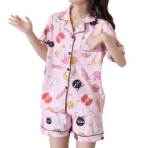 Womens Cotton Pajamas Set Turn-down Collar Pyjamas Short Sle