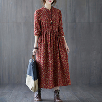 Autumn Clothing Art Retro Disc Buckle Cotton Linen Dress Laces Lace Up Waist Display Slim Fit Slim Slim Flowers Skirt Long Sleeves Bottom Length Skirt