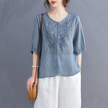 Pure Ramie top loose literary retro original heavy industry embroidery T-shirt womens summer lantern sleeve V neck cotton shirt