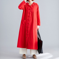 Autumn clothing red cotton linen jacket loose with long style retro art disc buckle cloak female original Lianhood sweatshirt