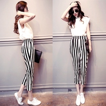 Black and white vertical striped pants womens summer thin section loose straight pipe cigarette pants high waist Daddy nine-point pants Harlon pants