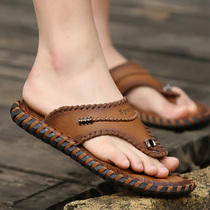 High-end men herringbone slippers spring Summer Chauffles Soft bottom headlayer Bull Leather Non-slip Deodorant Cool Drag Outdoor Beach Shoes