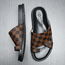 Upscale slippers male outwear Summer casual ins and American trendy clip-toe anti-slip black genuine leather beach sandal
