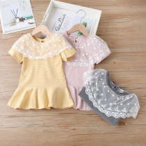 Girls Dress Summer 2020 New Han Baby Female Ocean Strip Lace Doll collar tide