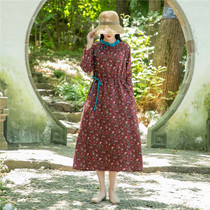 Retro literary wind cotton linen full edge early autumn new drawstring belt design slim long dress