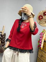 2021 early autumn new cotton pullover solid color heavy industry embroidery seven-point sleeve shirt bottoming art style